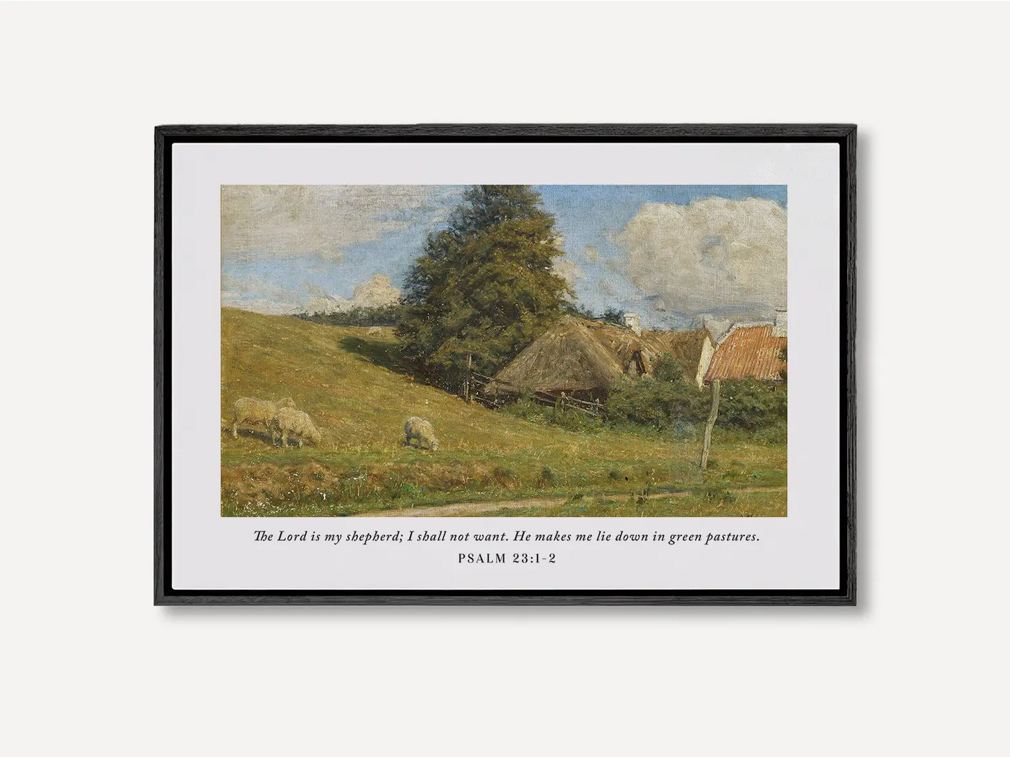 Invite the promise of provision and peace into your home with this inspiring Christian wall art. This framed print features a classic pastoral landscape paired with the beloved scripture: "The Lord is my shepherd; I shall not want."