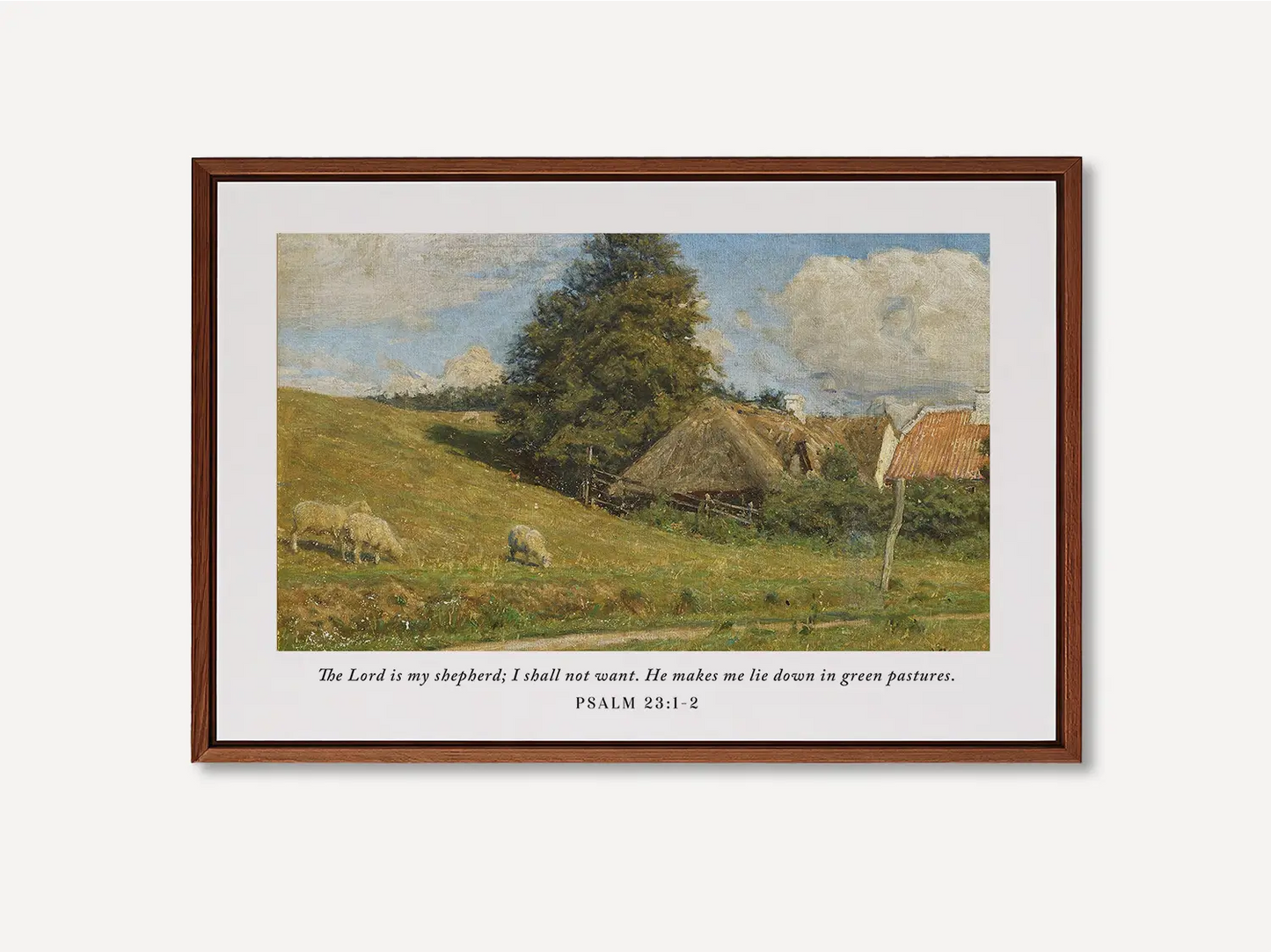 Invite the promise of provision and peace into your home with this inspiring Christian wall art. This framed print features a classic pastoral landscape paired with the beloved scripture: "The Lord is my shepherd; I shall not want."