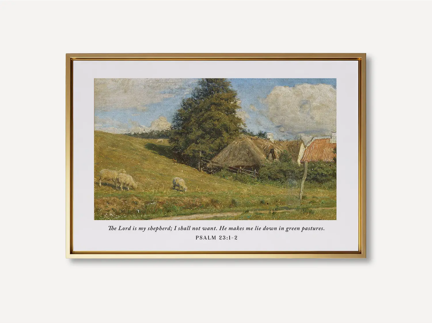 Invite the promise of provision and peace into your home with this inspiring Christian wall art. This framed print features a classic pastoral landscape paired with the beloved scripture: "The Lord is my shepherd; I shall not want."