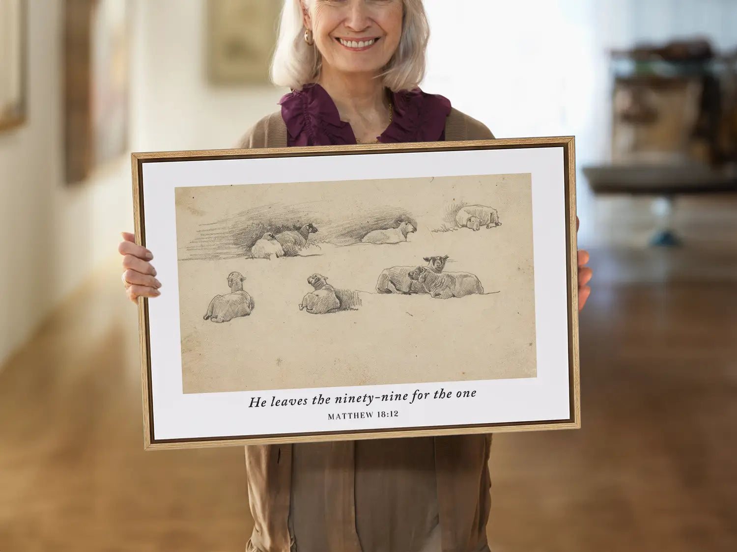 Celebrate the relentless love of the Good Shepherd with this inspiring Christian wall art. This framed print features a classic pencil sketch of sheep paired with the profound scripture: "He leaves the ninety-nine for the one."