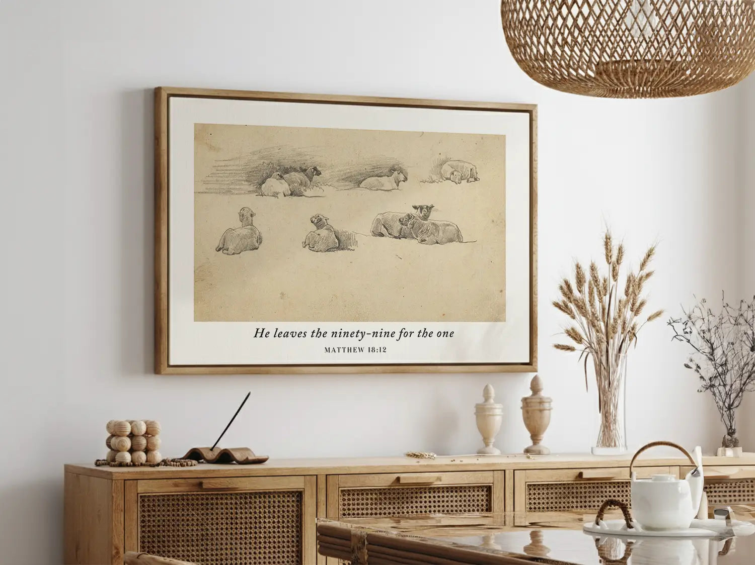 Celebrate the relentless love of the Good Shepherd with this inspiring Christian wall art. This framed print features a classic pencil sketch of sheep paired with the profound scripture: "He leaves the ninety-nine for the one."