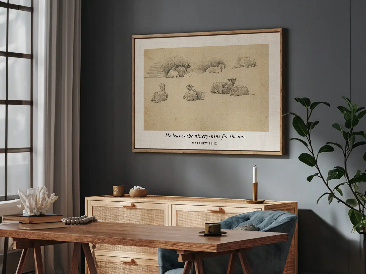 Celebrate the relentless love of the Good Shepherd with this inspiring Christian wall art. This framed print features a classic pencil sketch of sheep paired with the profound scripture: "He leaves the ninety-nine for the one."