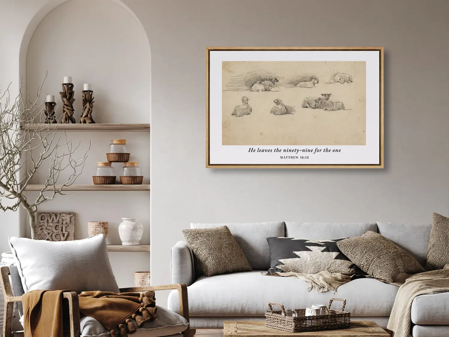 Celebrate the relentless love of the Good Shepherd with this inspiring Christian wall art. This framed print features a classic pencil sketch of sheep paired with the profound scripture: "He leaves the ninety-nine for the one."