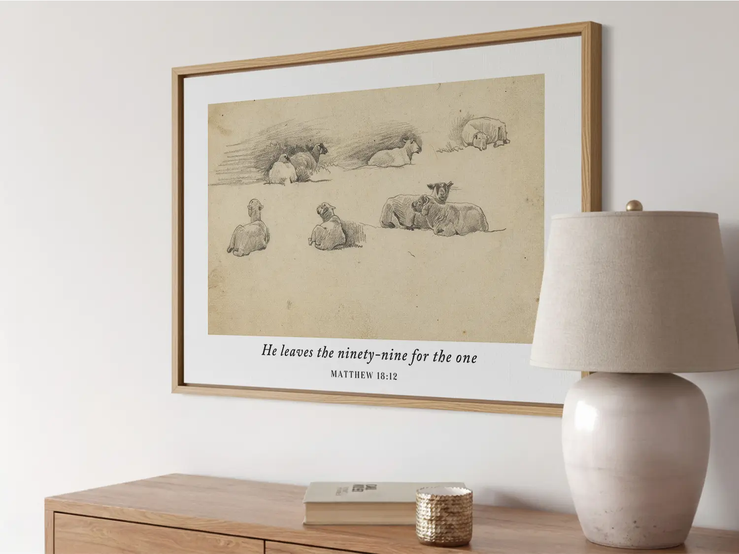 Celebrate the relentless love of the Good Shepherd with this inspiring Christian wall art. This framed print features a classic pencil sketch of sheep paired with the profound scripture: "He leaves the ninety-nine for the one."