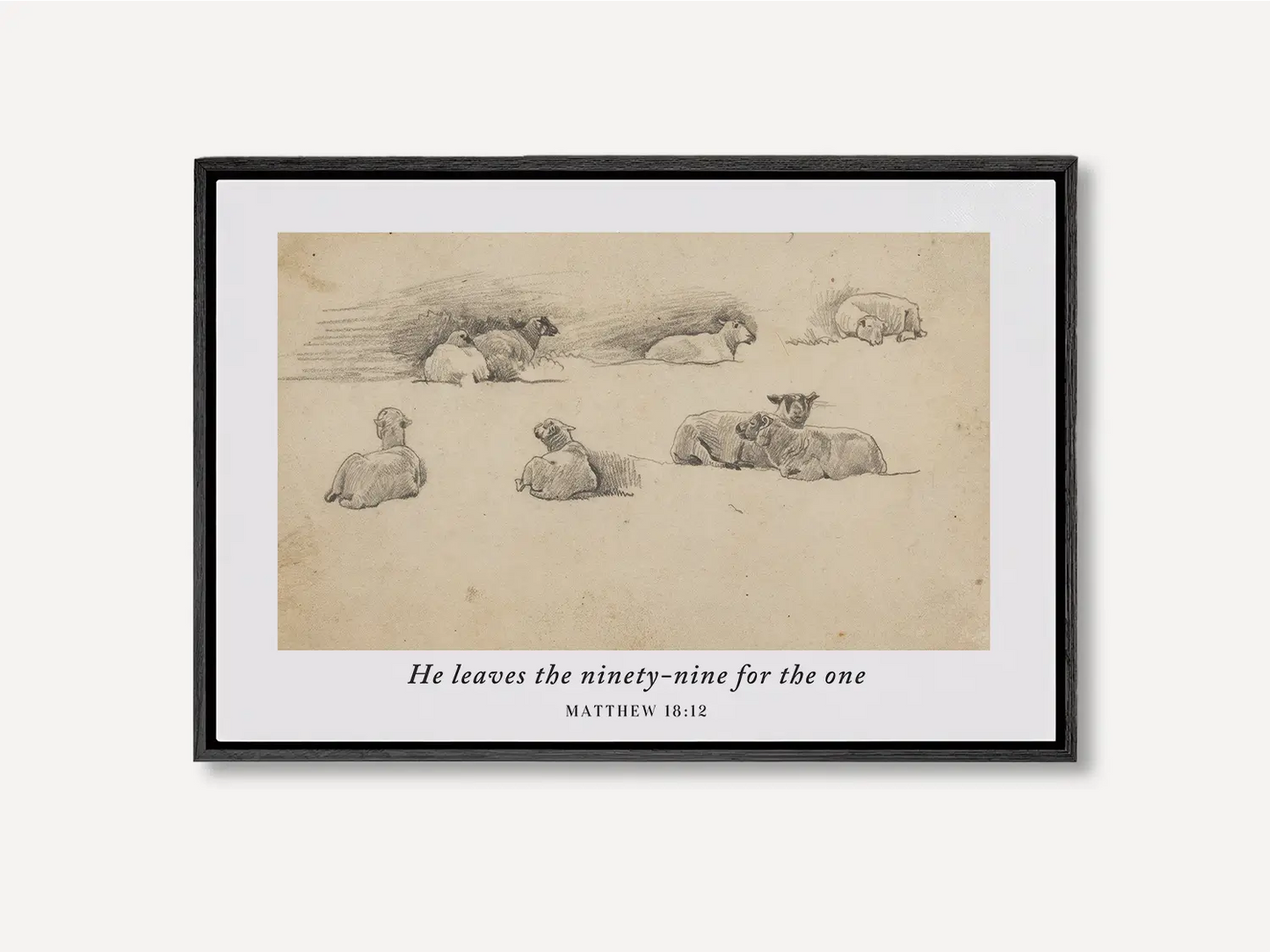 Celebrate the relentless love of the Good Shepherd with this inspiring Christian wall art. This framed print features a classic pencil sketch of sheep paired with the profound scripture: "He leaves the ninety-nine for the one."