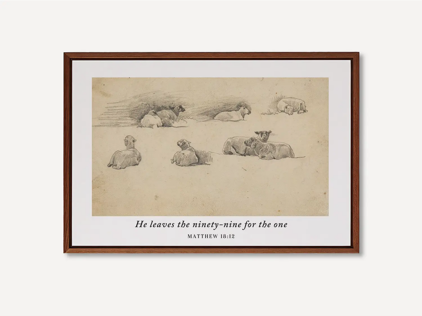 Celebrate the relentless love of the Good Shepherd with this inspiring Christian wall art. This framed print features a classic pencil sketch of sheep paired with the profound scripture: "He leaves the ninety-nine for the one."