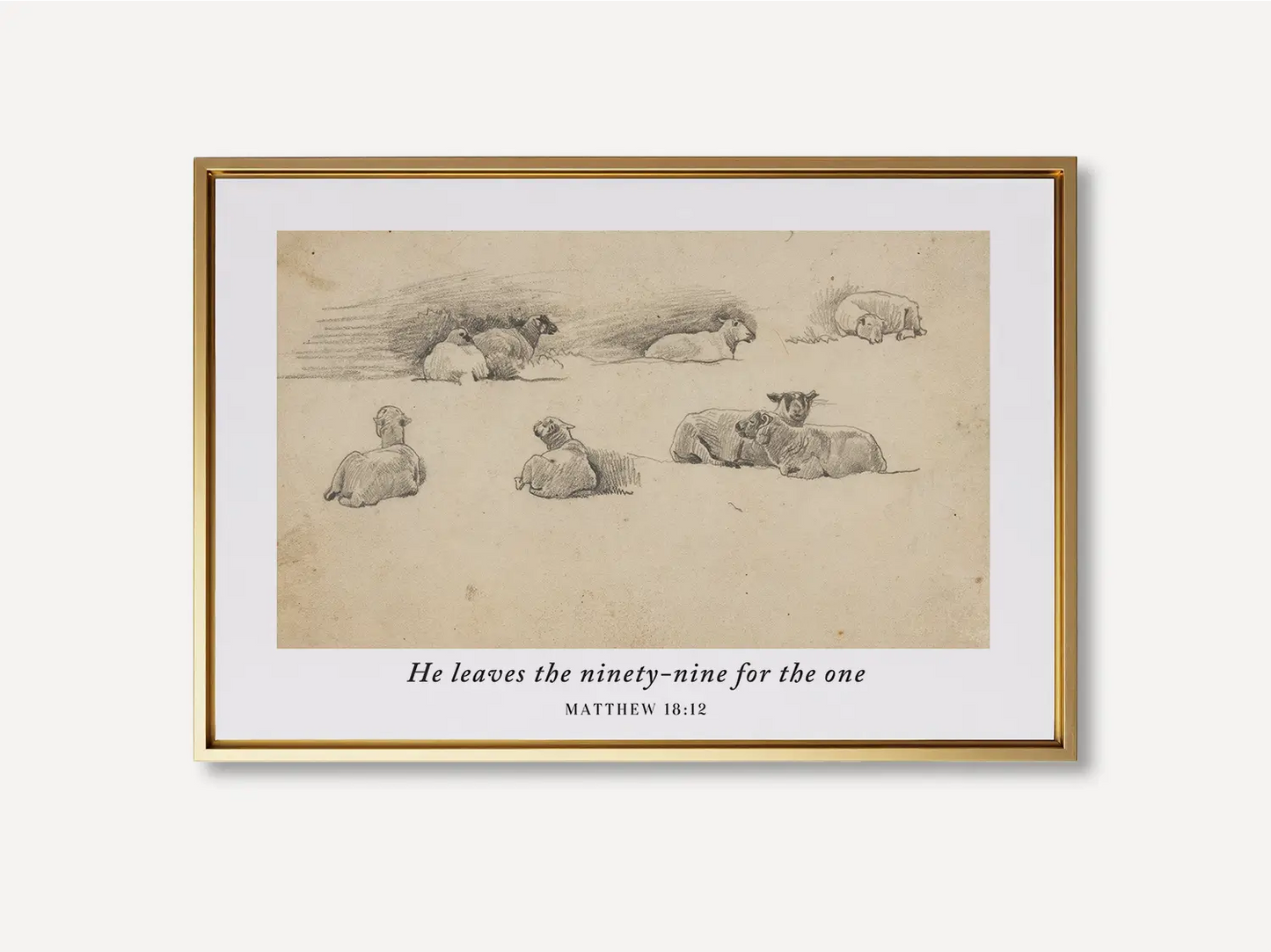 Celebrate the relentless love of the Good Shepherd with this inspiring Christian wall art. This framed print features a classic pencil sketch of sheep paired with the profound scripture: "He leaves the ninety-nine for the one."