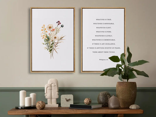 Anchor your thoughts in truth with this inspiring Christian wall art set. This collection of two framed prints features a delicate watercolor floral illustration paired with the powerful, uplifting verse from Philippians 4:8.