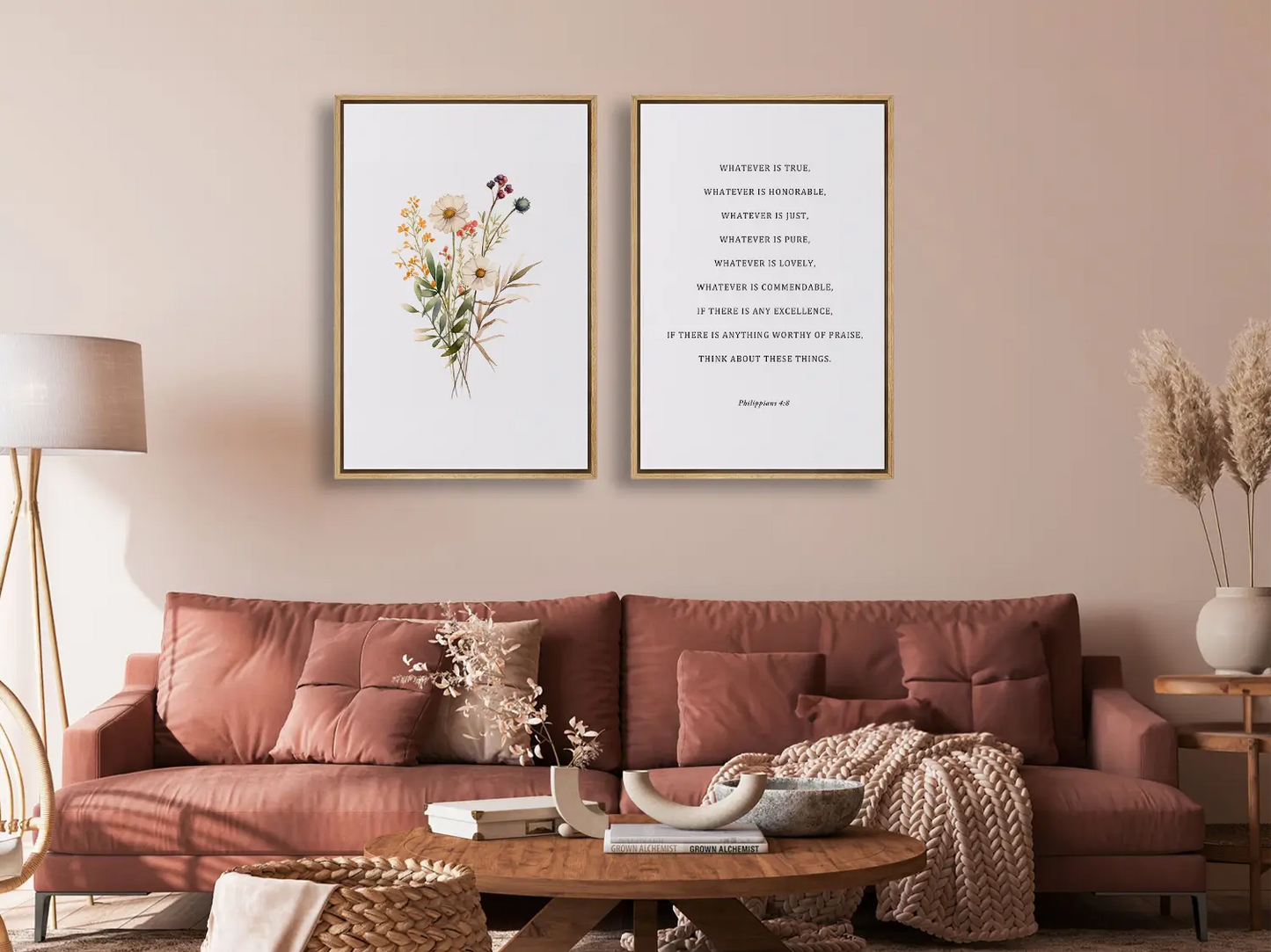 Anchor your thoughts in truth with this inspiring Christian wall art set. This collection of two framed prints features a delicate watercolor floral illustration paired with the powerful, uplifting verse from Philippians 4:8.