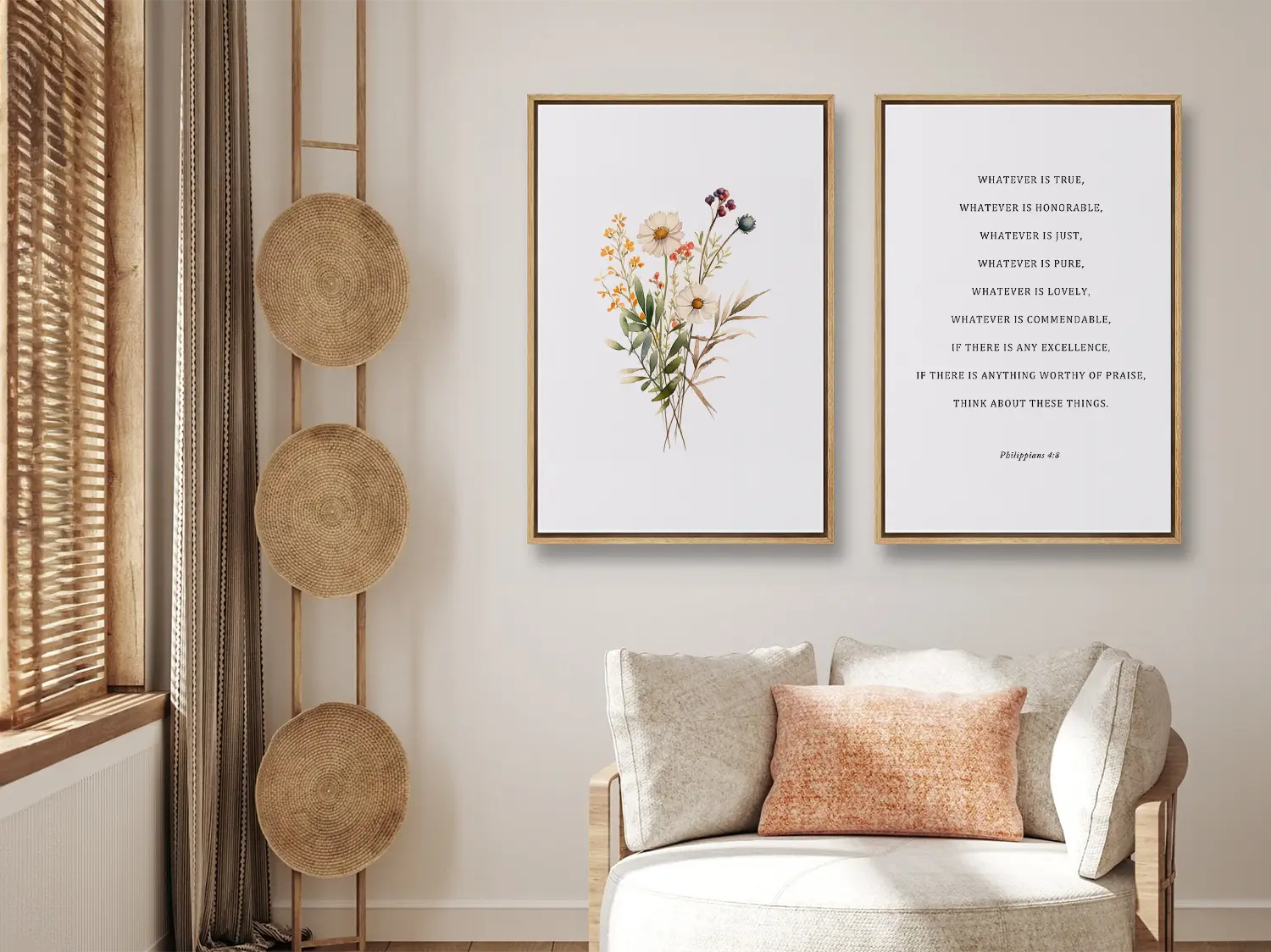 Anchor your thoughts in truth with this inspiring Christian wall art set. This collection of two framed prints features a delicate watercolor floral illustration paired with the powerful, uplifting verse from Philippians 4:8.