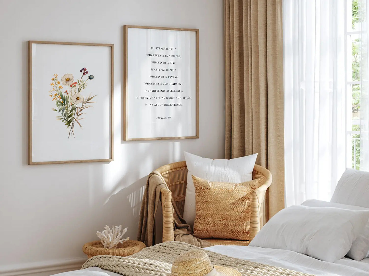 Anchor your thoughts in truth with this inspiring Christian wall art set. This collection of two framed prints features a delicate watercolor floral illustration paired with the powerful, uplifting verse from Philippians 4:8.