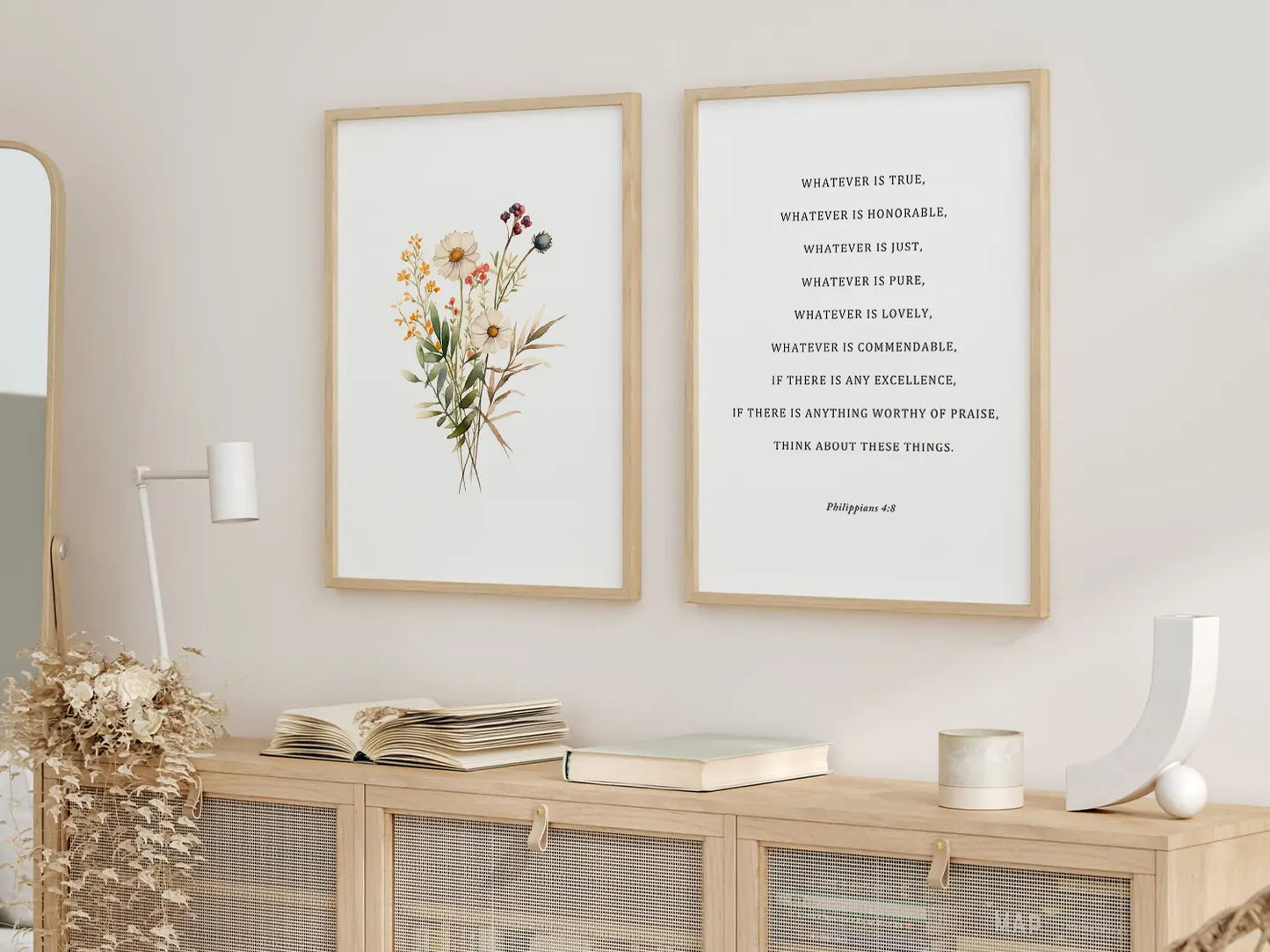 Anchor your thoughts in truth with this inspiring Christian wall art set. This collection of two framed prints features a delicate watercolor floral illustration paired with the powerful, uplifting verse from Philippians 4:8.