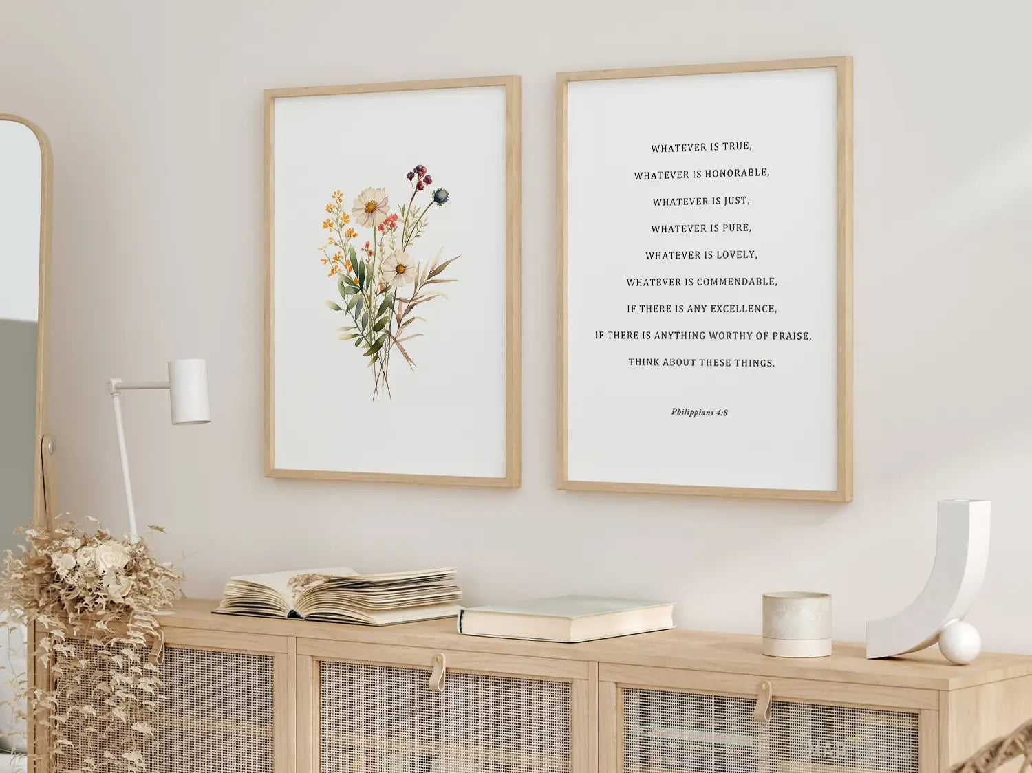 Anchor your thoughts in truth with this inspiring Christian wall art set. This collection of two framed prints features a delicate watercolor floral illustration paired with the powerful, uplifting verse from Philippians 4:8.