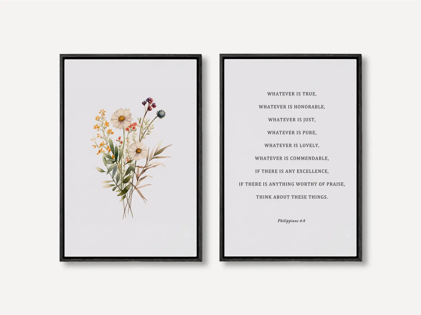 Anchor your thoughts in truth with this inspiring Christian wall art set. This collection of two framed prints features a delicate watercolor floral illustration paired with the powerful, uplifting verse from Philippians 4:8.