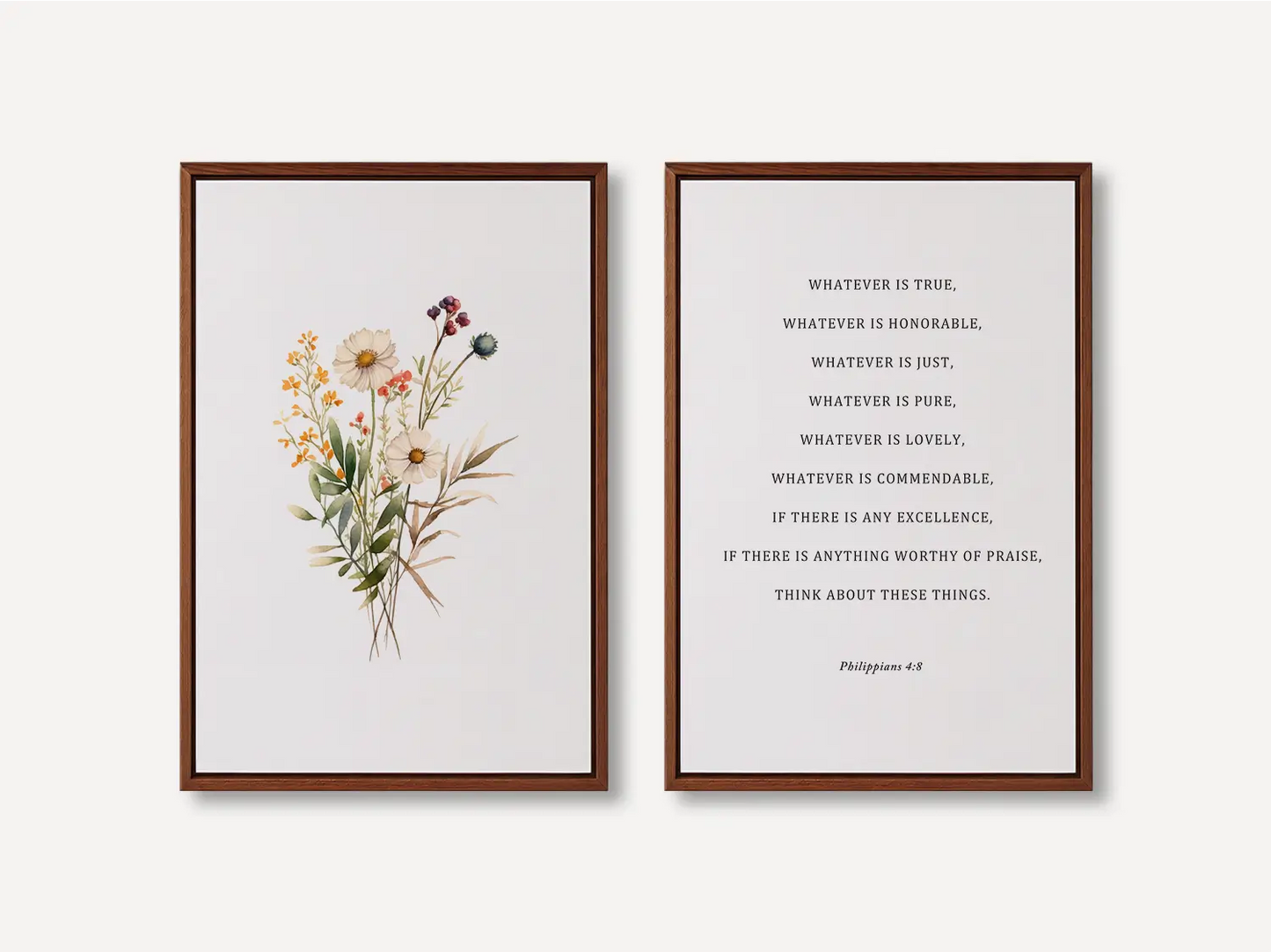 Anchor your thoughts in truth with this inspiring Christian wall art set. This collection of two framed prints features a delicate watercolor floral illustration paired with the powerful, uplifting verse from Philippians 4:8.