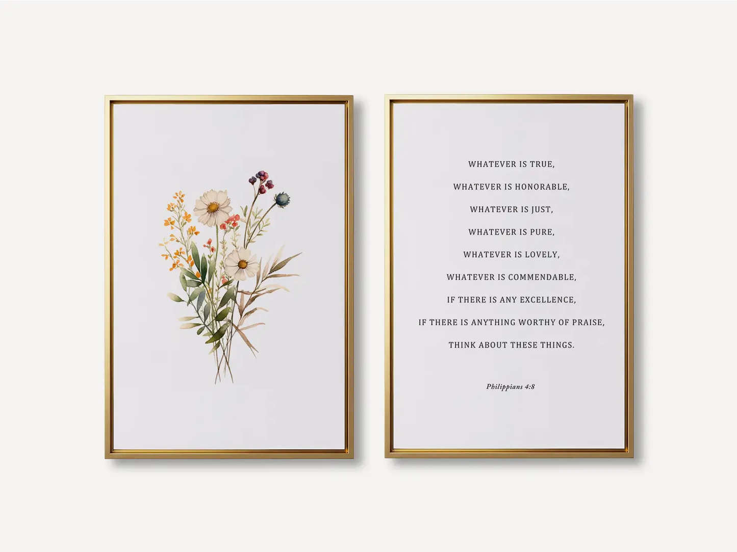 Anchor your thoughts in truth with this inspiring Christian wall art set. This collection of two framed prints features a delicate watercolor floral illustration paired with the powerful, uplifting verse from Philippians 4:8.
