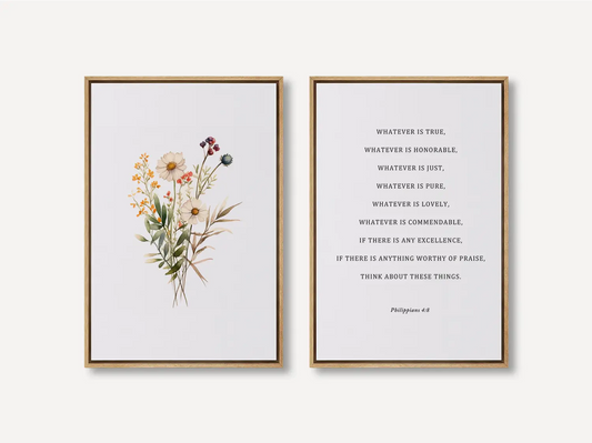 Anchor your thoughts in truth with this inspiring Christian wall art set. This collection of two framed prints features a delicate watercolor floral illustration paired with the powerful, uplifting verse from Philippians 4:8.