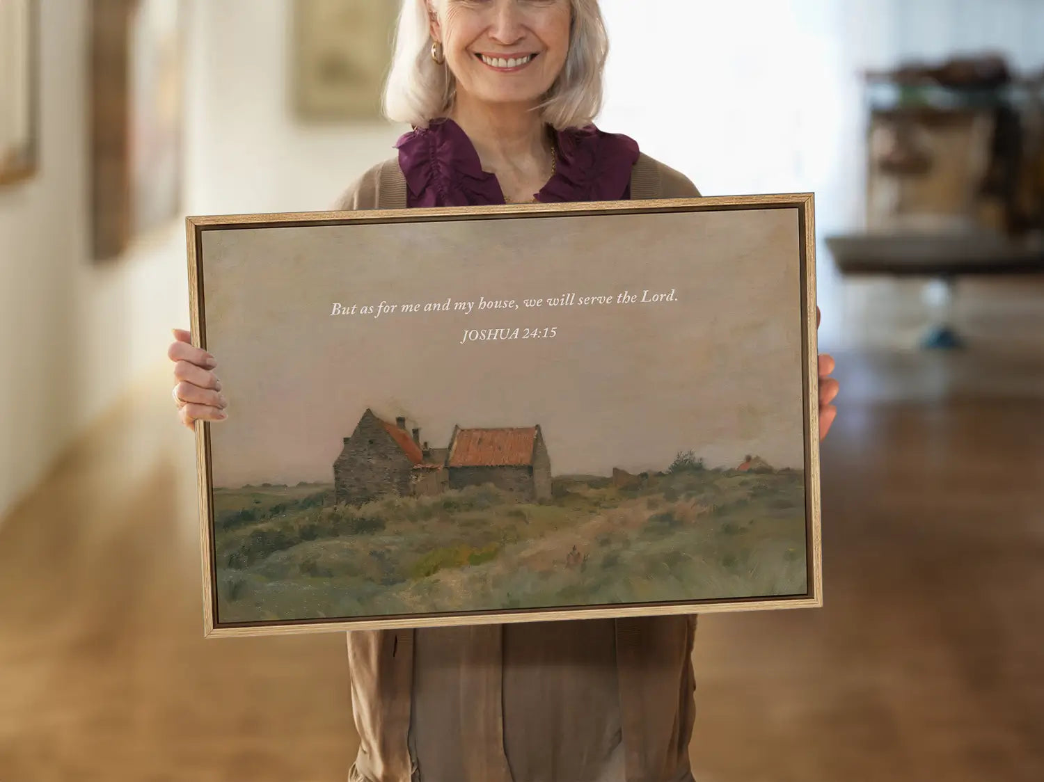 Declare your family's faith with this inspiring Christian wall art. This framed print features a warm, rustic house painting paired with the powerful promise from Joshua 24:15: "But as for me and my house, we will serve the Lord."