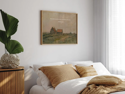 Declare your family's faith with this inspiring Christian wall art. This framed print features a warm, rustic house painting paired with the powerful promise from Joshua 24:15: "But as for me and my house, we will serve the Lord."