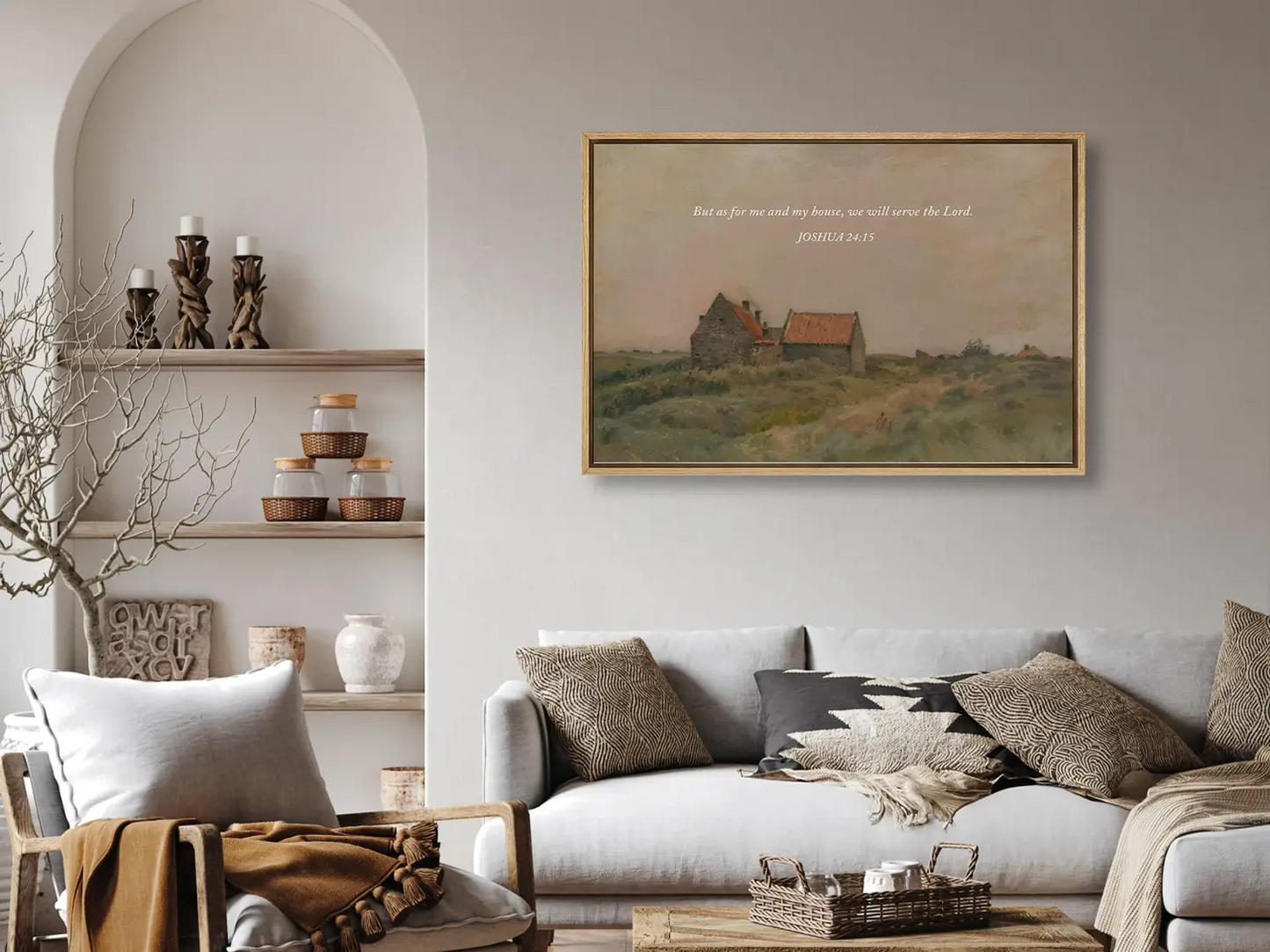 Declare your family's faith with this inspiring Christian wall art. This framed print features a warm, rustic house painting paired with the powerful promise from Joshua 24:15: "But as for me and my house, we will serve the Lord."