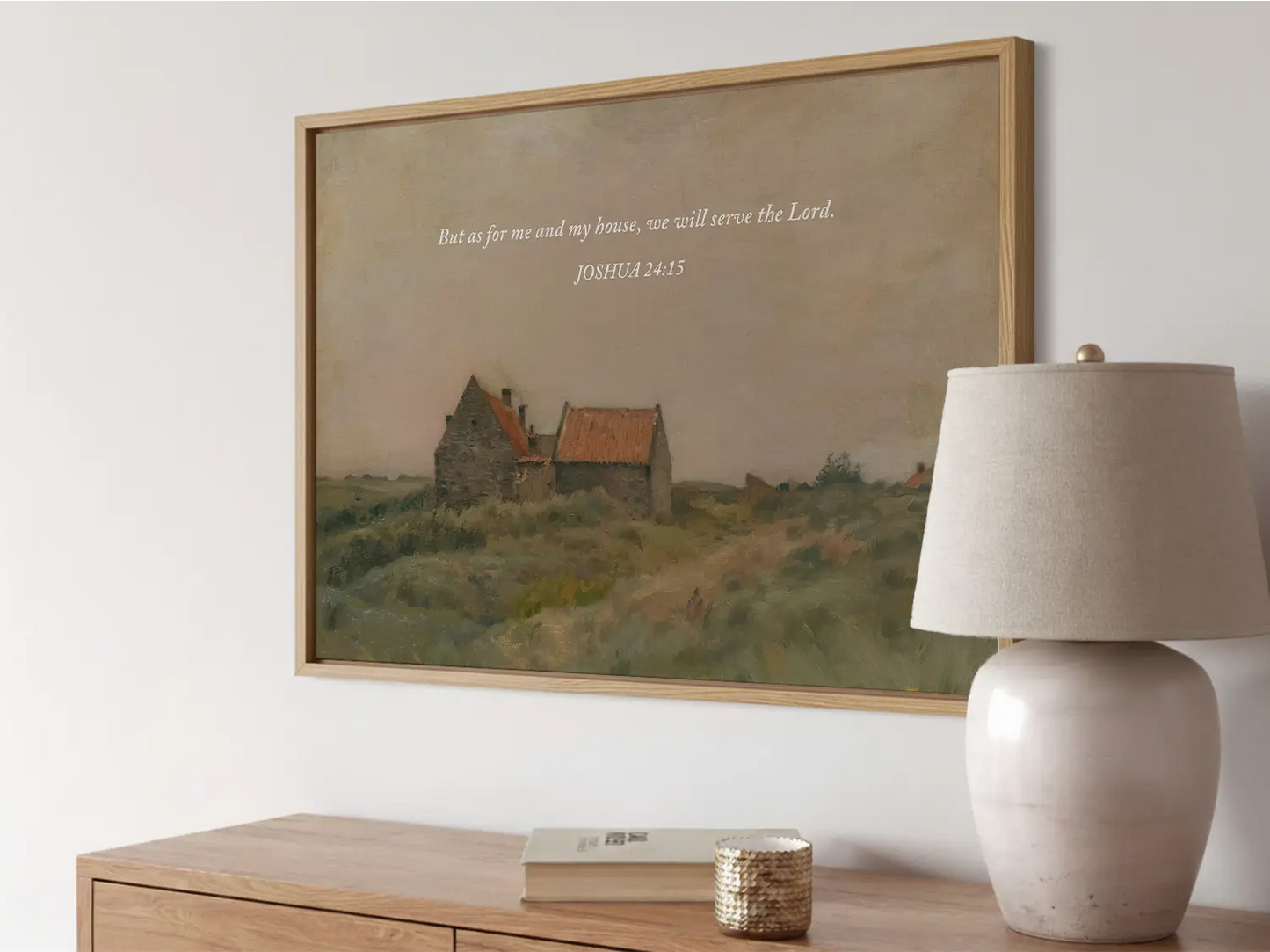 Declare your family's faith with this inspiring Christian wall art. This framed print features a warm, rustic house painting paired with the powerful promise from Joshua 24:15: "But as for me and my house, we will serve the Lord."
