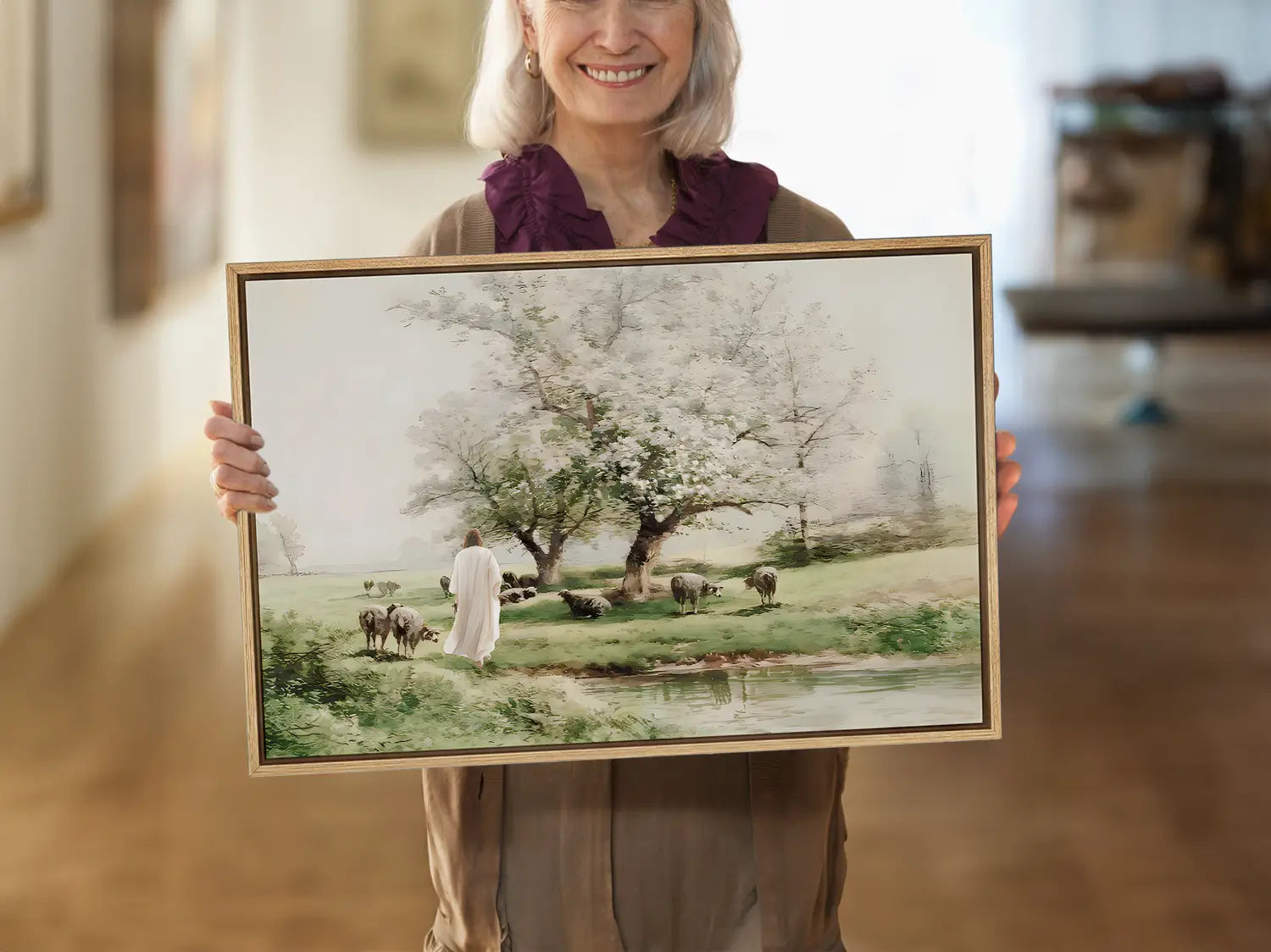Invite the profound comfort of Christ's presence into your home with this inspiring Christian wall art. This framed print features a beautiful, classic painting of Jesus as the Good Shepherd tending his flock by still waters.
