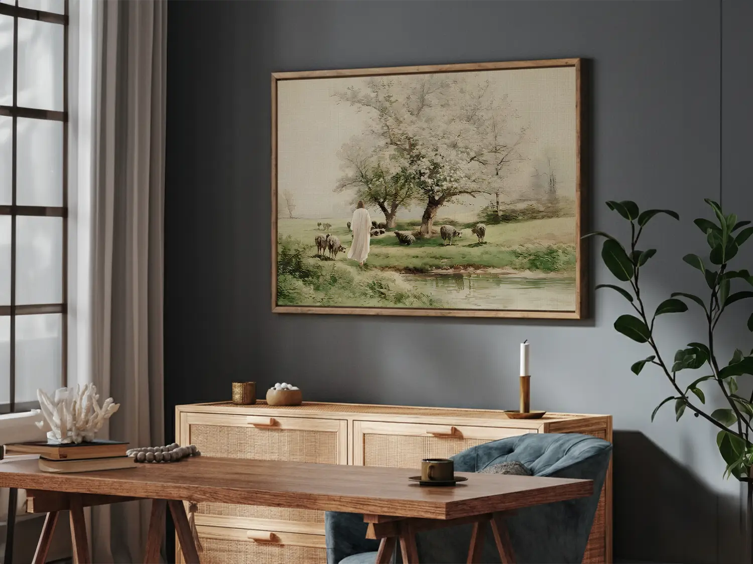 Invite the profound comfort of Christ's presence into your home with this inspiring Christian wall art. This framed print features a beautiful, classic painting of Jesus as the Good Shepherd tending his flock by still waters.