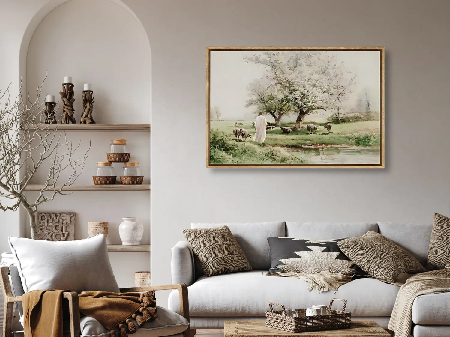 Invite the profound comfort of Christ's presence into your home with this inspiring Christian wall art. This framed print features a beautiful, classic painting of Jesus as the Good Shepherd tending his flock by still waters.