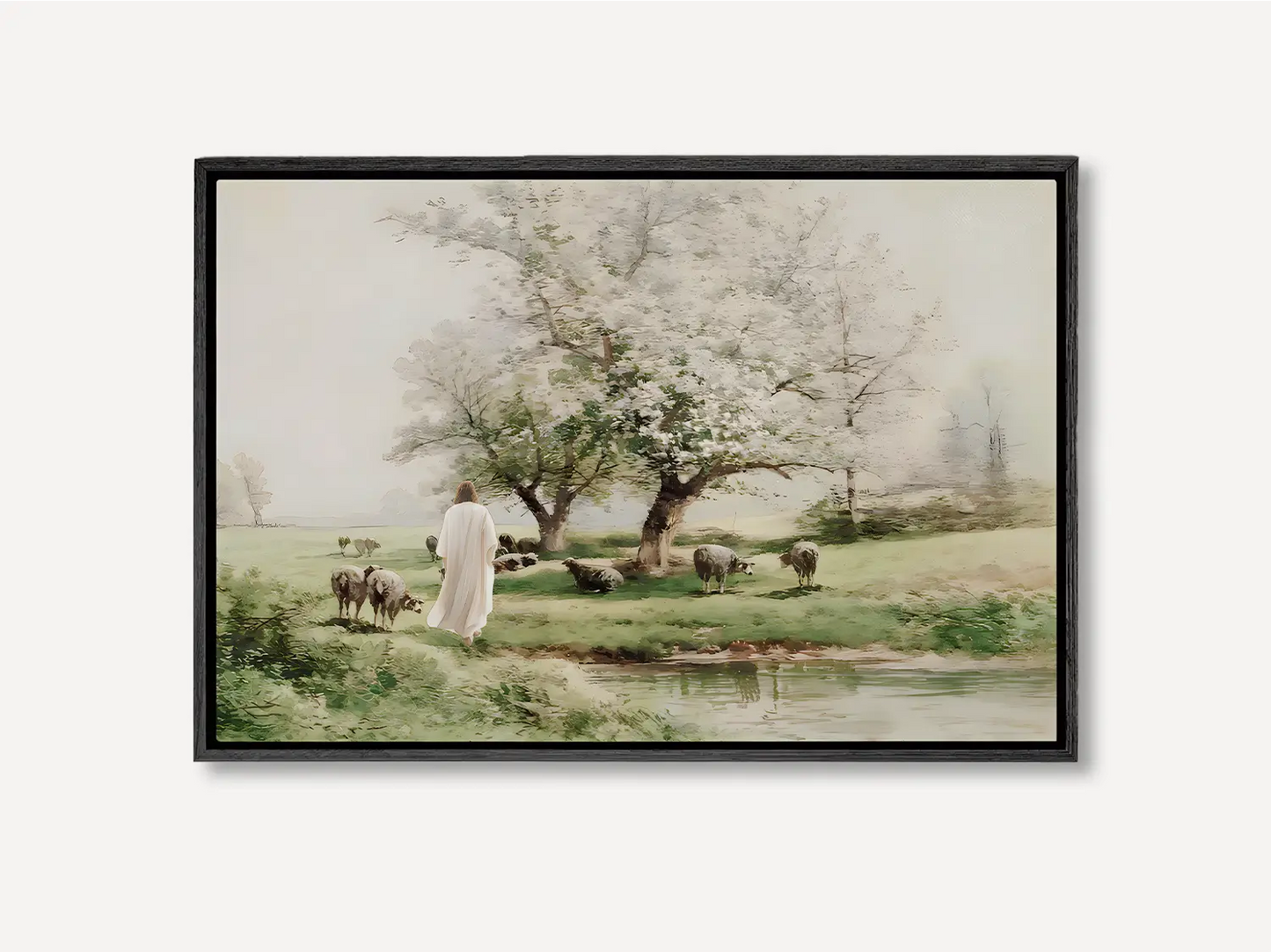 Invite the profound comfort of Christ's presence into your home with this inspiring Christian wall art. This framed print features a beautiful, classic painting of Jesus as the Good Shepherd tending his flock by still waters.