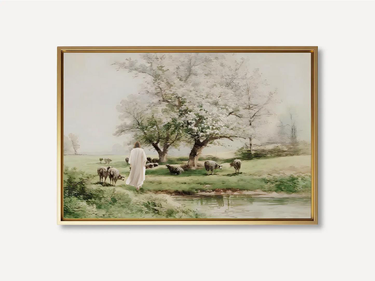 Invite the profound comfort of Christ's presence into your home with this inspiring Christian wall art. This framed print features a beautiful, classic painting of Jesus as the Good Shepherd tending his flock by still waters.