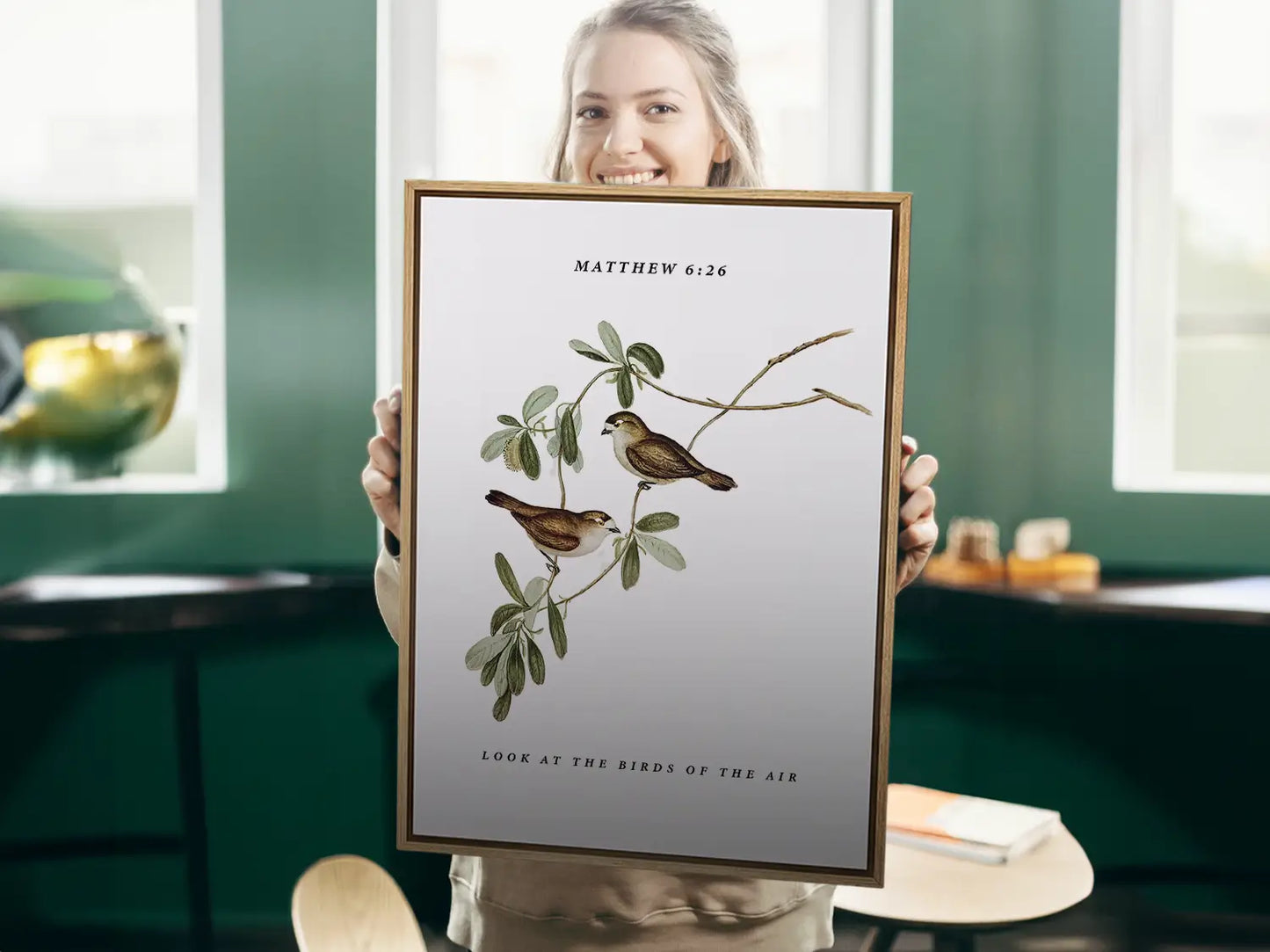 Invite the gentle wisdom of God's perfect care into your home with this inspiring Christian canvas wall art. This framed canvas print features a beautiful botanical illustration of birds, paired with the comforting teaching from Matthew 6:26 to trust in Divine provision.