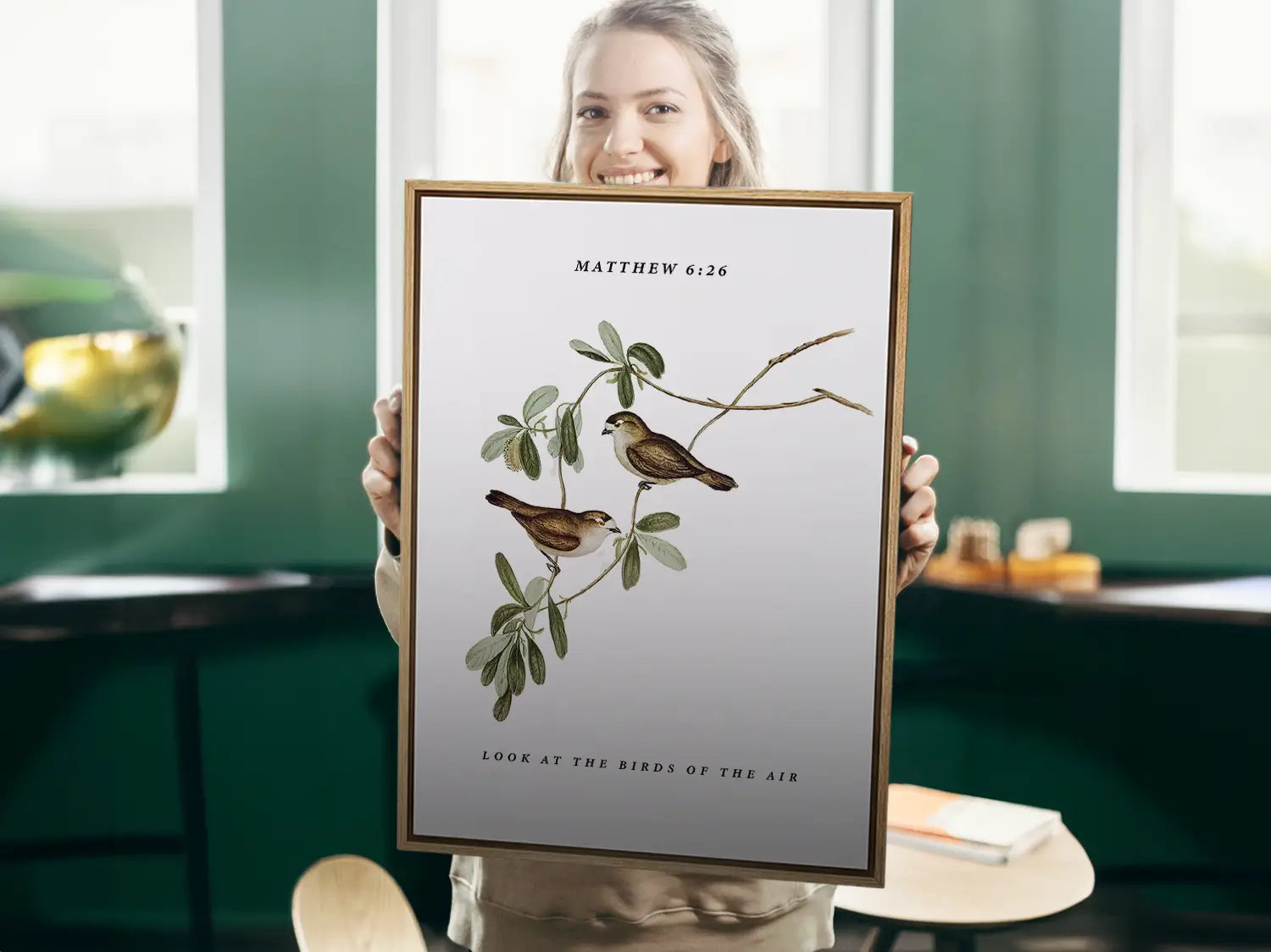 Invite the gentle wisdom of God's perfect care into your home with this inspiring Christian canvas wall art. This framed canvas print features a beautiful botanical illustration of birds, paired with the comforting teaching from Matthew 6:26 to trust in Divine provision.