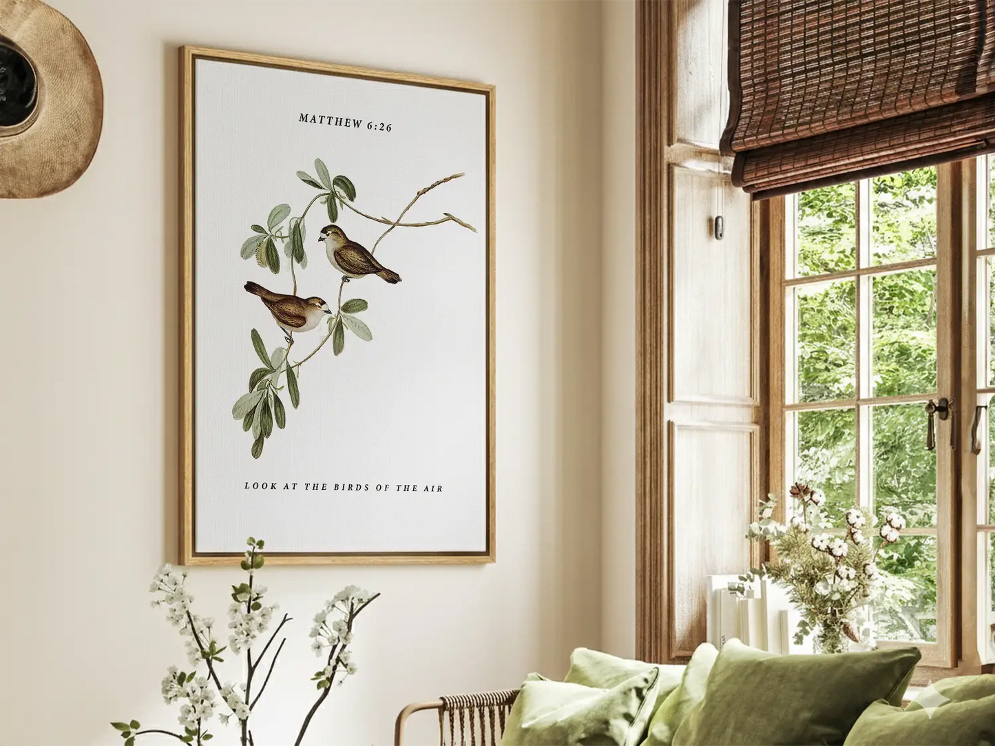 Invite the gentle wisdom of God's perfect care into your home with this inspiring Christian canvas wall art. This framed canvas print features a beautiful botanical illustration of birds, paired with the comforting teaching from Matthew 6:26 to trust in Divine provision.