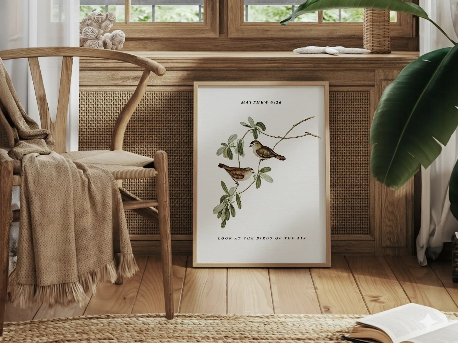 Invite the gentle wisdom of God's perfect care into your home with this inspiring Christian canvas wall art. This framed canvas print features a beautiful botanical illustration of birds, paired with the comforting teaching from Matthew 6:26 to trust in Divine provision.