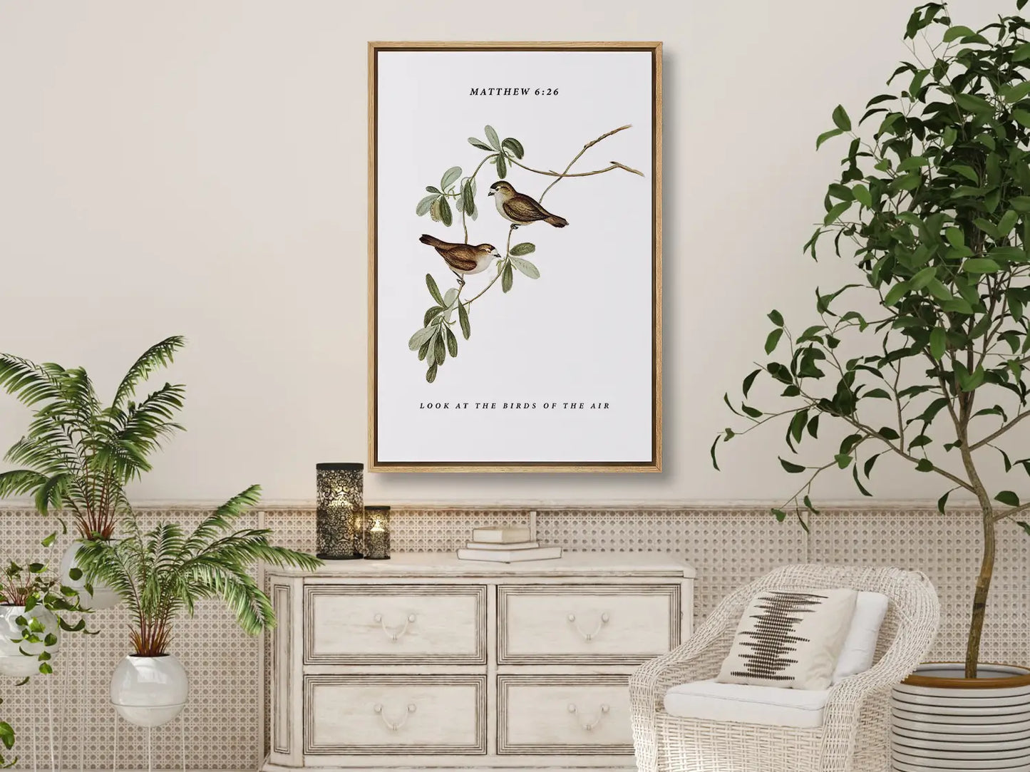 Invite the gentle wisdom of God's perfect care into your home with this inspiring Christian canvas wall art. This framed canvas print features a beautiful botanical illustration of birds, paired with the comforting teaching from Matthew 6:26 to trust in Divine provision.