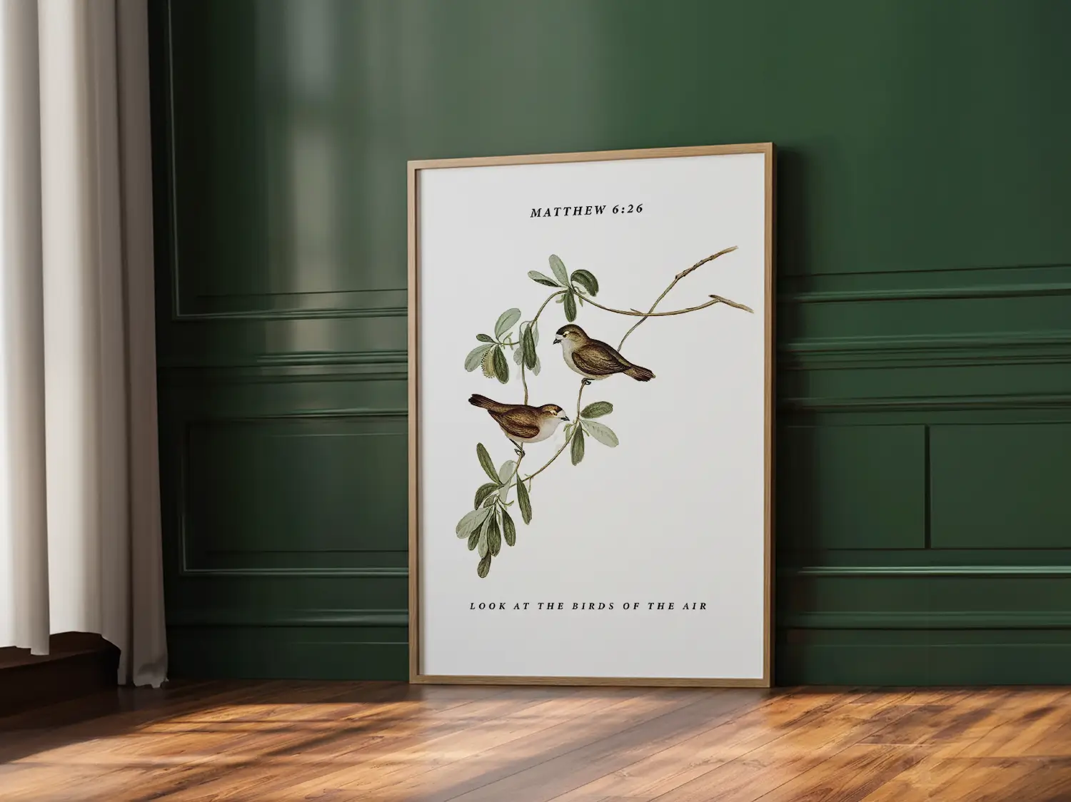 Invite the gentle wisdom of God's perfect care into your home with this inspiring Christian canvas wall art. This framed canvas print features a beautiful botanical illustration of birds, paired with the comforting teaching from Matthew 6:26 to trust in Divine provision.