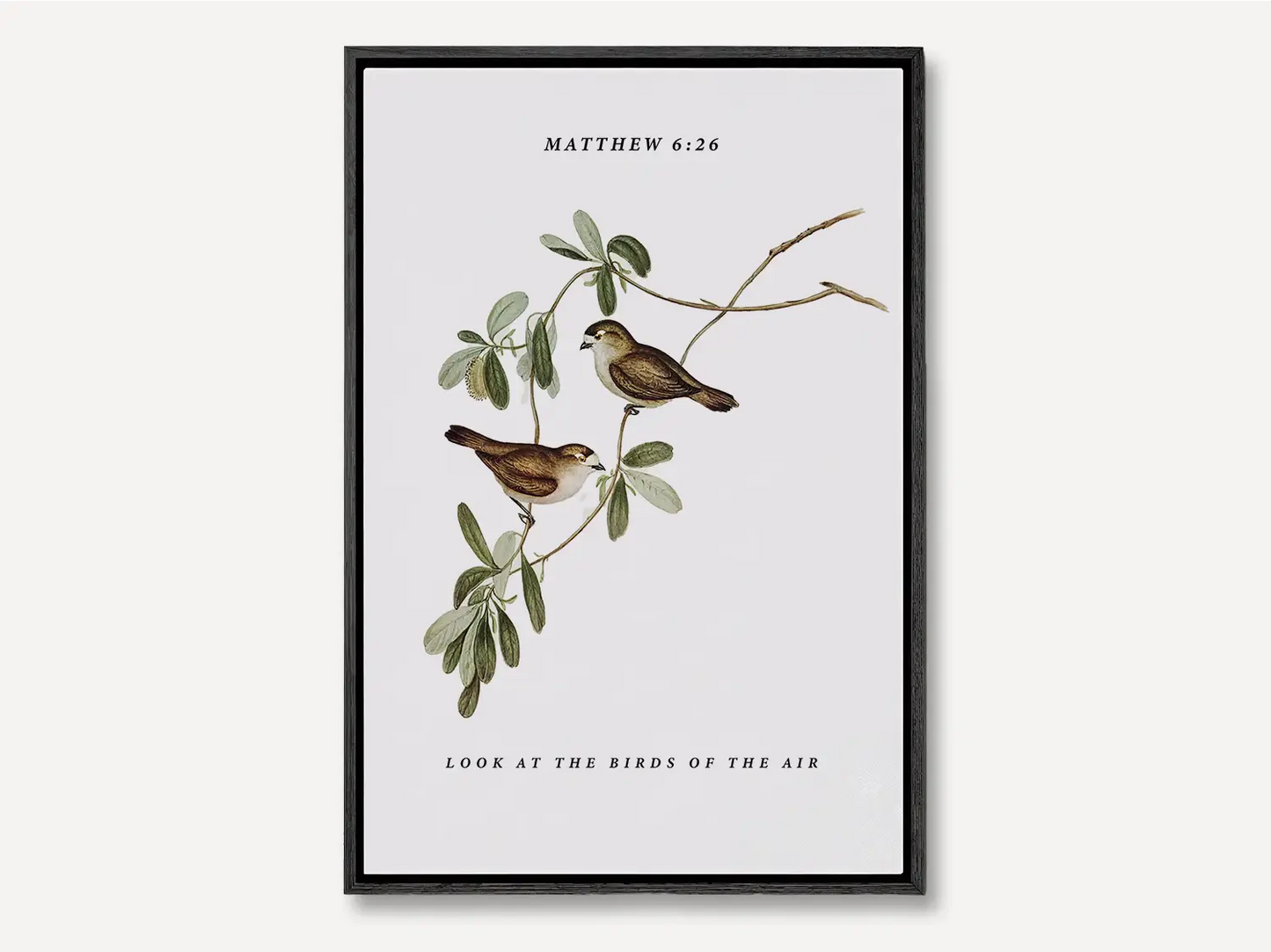 Invite the gentle wisdom of God's perfect care into your home with this inspiring Christian canvas wall art. This framed canvas print features a beautiful botanical illustration of birds, paired with the comforting teaching from Matthew 6:26 to trust in Divine provision.
