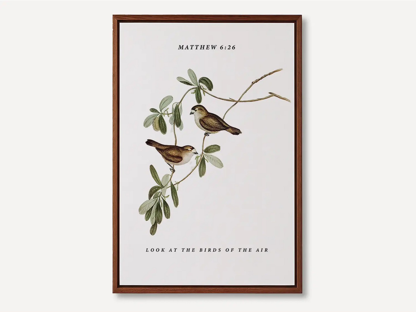 Invite the gentle wisdom of God's perfect care into your home with this inspiring Christian canvas wall art. This framed canvas print features a beautiful botanical illustration of birds, paired with the comforting teaching from Matthew 6:26 to trust in Divine provision.