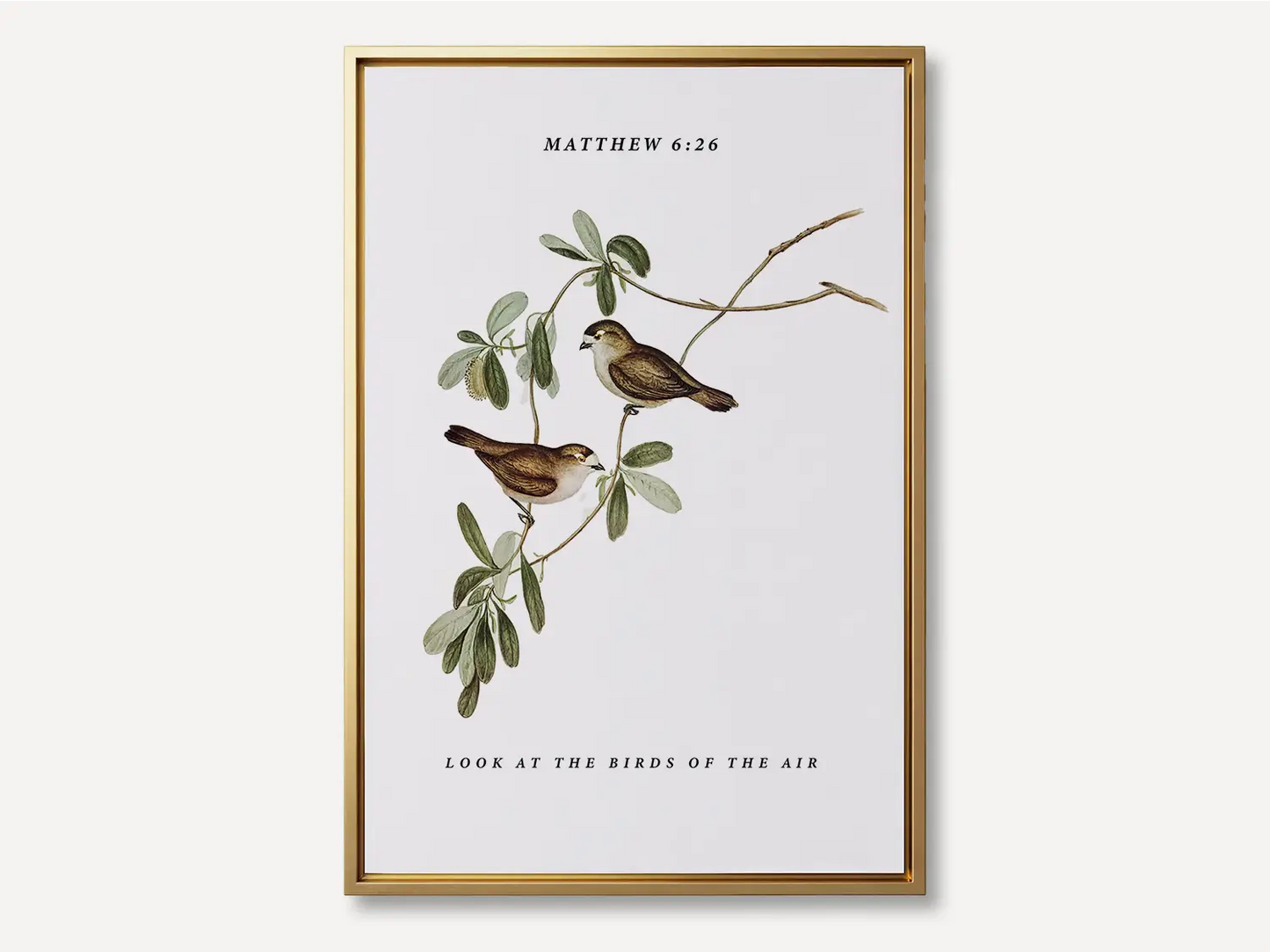 Invite the gentle wisdom of God's perfect care into your home with this inspiring Christian canvas wall art. This framed canvas print features a beautiful botanical illustration of birds, paired with the comforting teaching from Matthew 6:26 to trust in Divine provision.