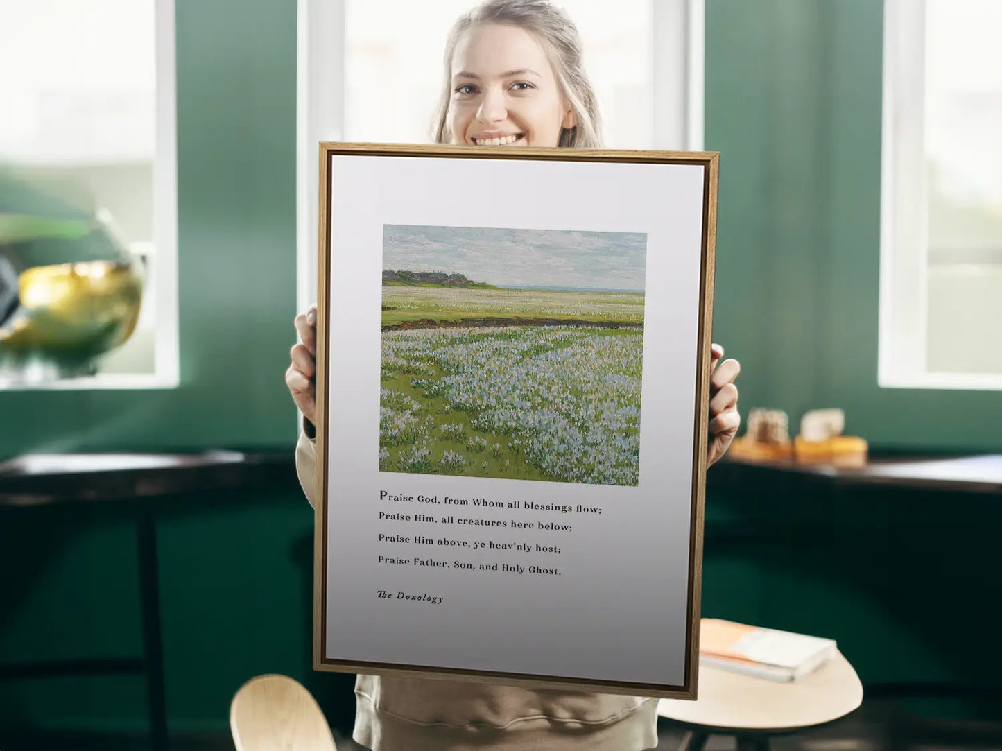 Fill your home with a daily song of praise with this inspiring Christian canvas wall art. This framed canvas print features a peaceful field painting paired with the iconic lyrics of The Doxology, celebrating God's blessing.