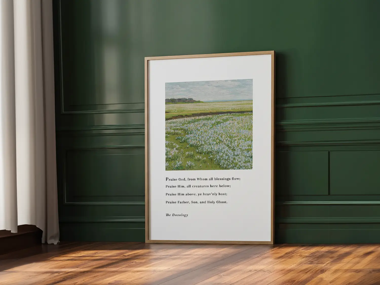 Fill your home with a daily song of praise with this inspiring Christian canvas wall art. This framed canvas print features a peaceful field painting paired with the iconic lyrics of The Doxology, celebrating God's blessing.