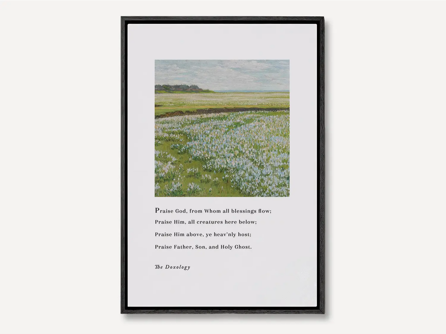 Fill your home with a daily song of praise with this inspiring Christian canvas wall art. This framed canvas print features a peaceful field painting paired with the iconic lyrics of The Doxology, celebrating God's blessing.