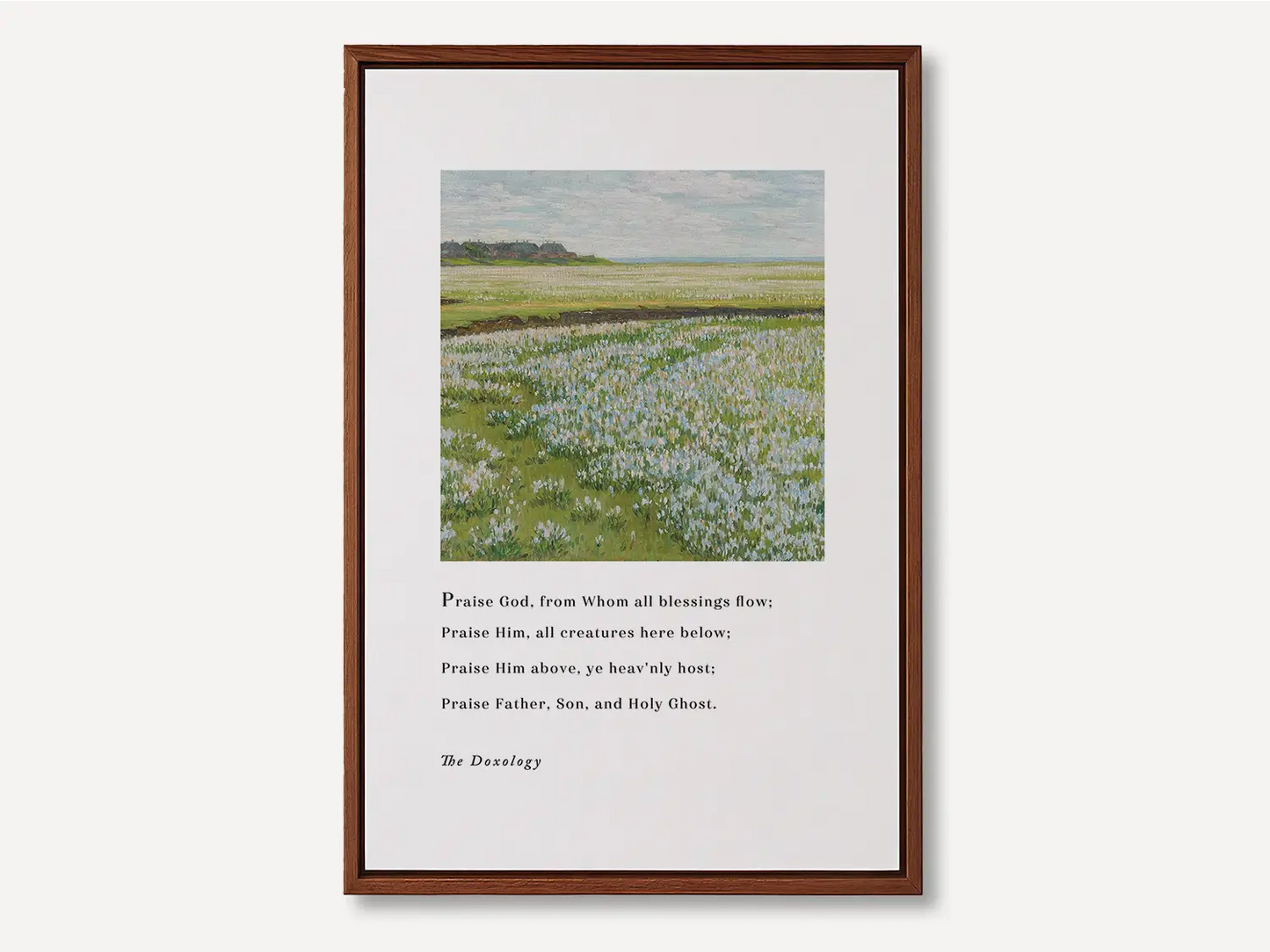 Fill your home with a daily song of praise with this inspiring Christian canvas wall art. This framed canvas print features a peaceful field painting paired with the iconic lyrics of The Doxology, celebrating God's blessing.