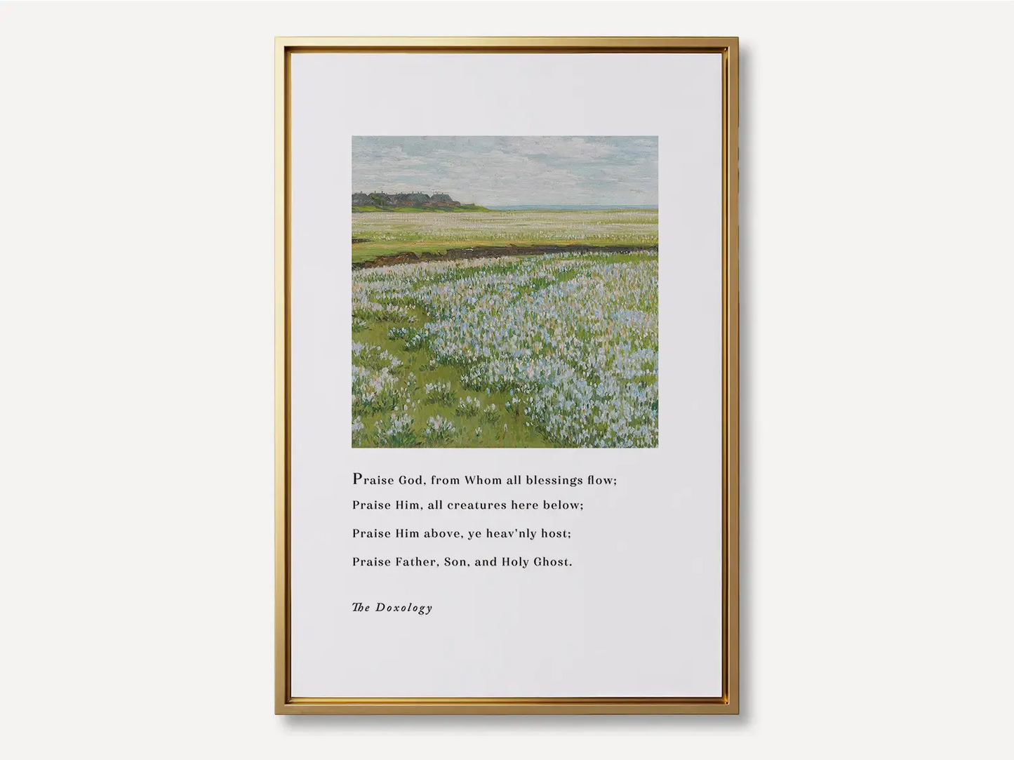 Fill your home with a daily song of praise with this inspiring Christian canvas wall art. This framed canvas print features a peaceful field painting paired with the iconic lyrics of The Doxology, celebrating God's blessing.