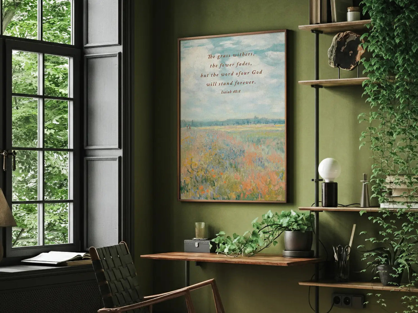 Anchor your hope in unchanging truth with this inspiring Christian canvas wall art. This framed canvas print features a beautiful, vivid field painting paired with the powerful promise from Isaiah 40:8: "The word of our God will stand forever."