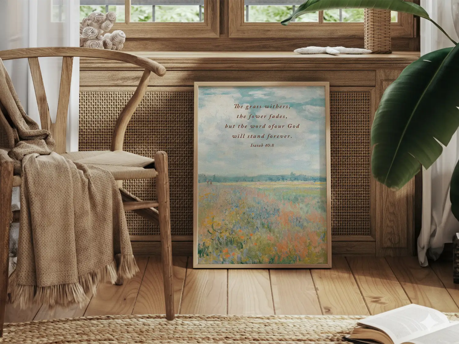 Anchor your hope in unchanging truth with this inspiring Christian canvas wall art. This framed canvas print features a beautiful, vivid field painting paired with the powerful promise from Isaiah 40:8: "The word of our God will stand forever."