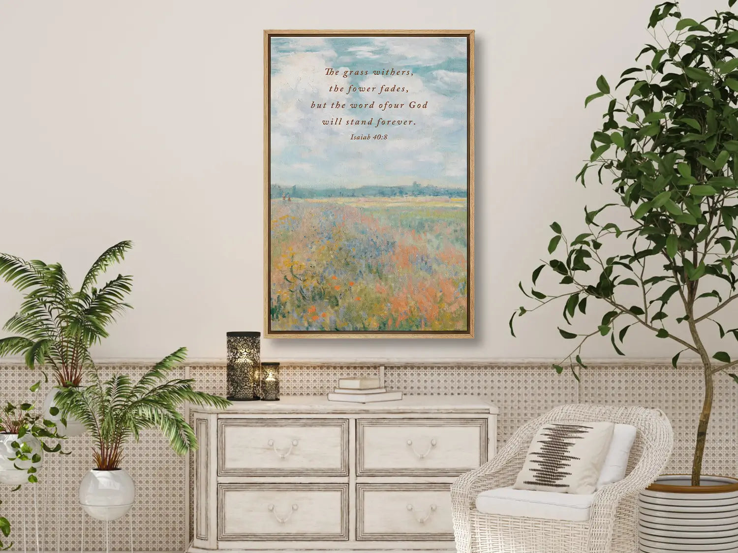 Anchor your hope in unchanging truth with this inspiring Christian canvas wall art. This framed canvas print features a beautiful, vivid field painting paired with the powerful promise from Isaiah 40:8: "The word of our God will stand forever."