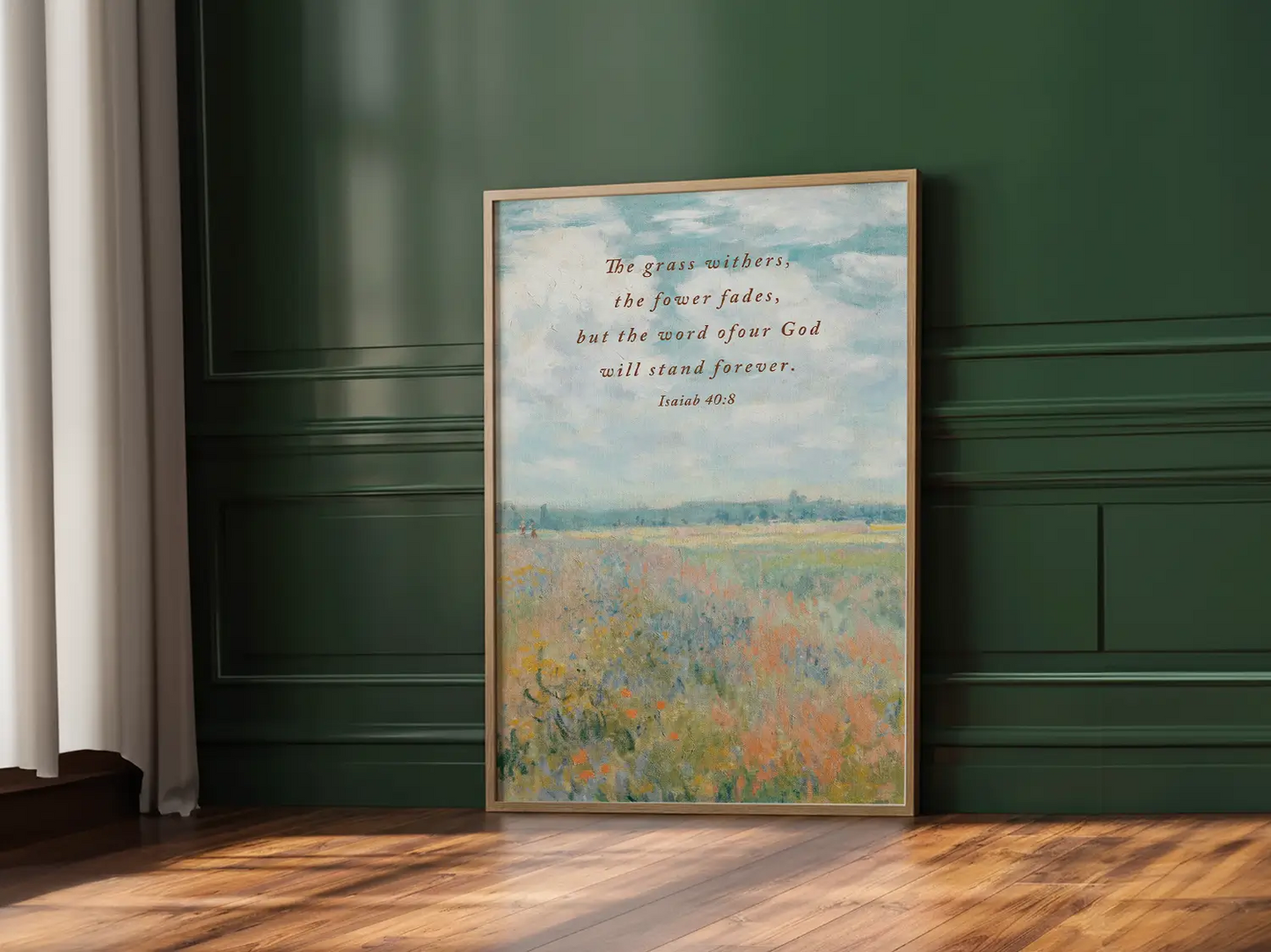 Anchor your hope in unchanging truth with this inspiring Christian canvas wall art. This framed canvas print features a beautiful, vivid field painting paired with the powerful promise from Isaiah 40:8: "The word of our God will stand forever."