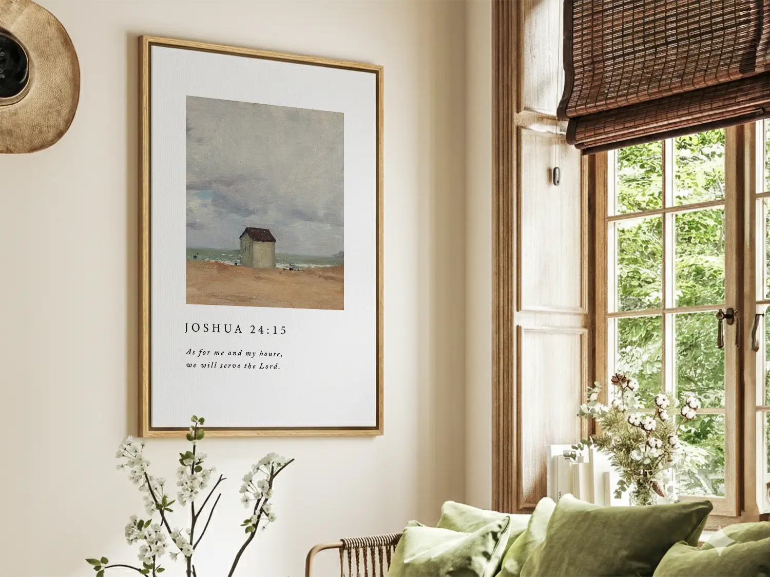 Declare your family's commitment to faith with this inspiring Christian canvas wall art. This framed canvas print features a classic coastal cottage painting paired with the powerful promise from Joshua 24:15: "As for me and my house, we will serve the Lord."