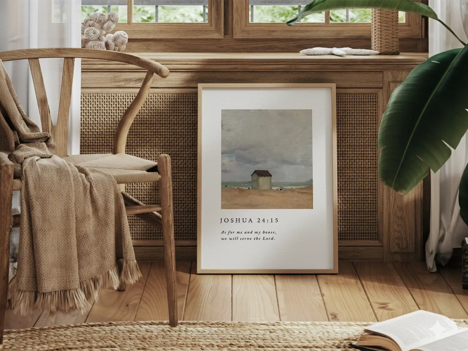 Declare your family's commitment to faith with this inspiring Christian canvas wall art. This framed canvas print features a classic coastal cottage painting paired with the powerful promise from Joshua 24:15: "As for me and my house, we will serve the Lord."